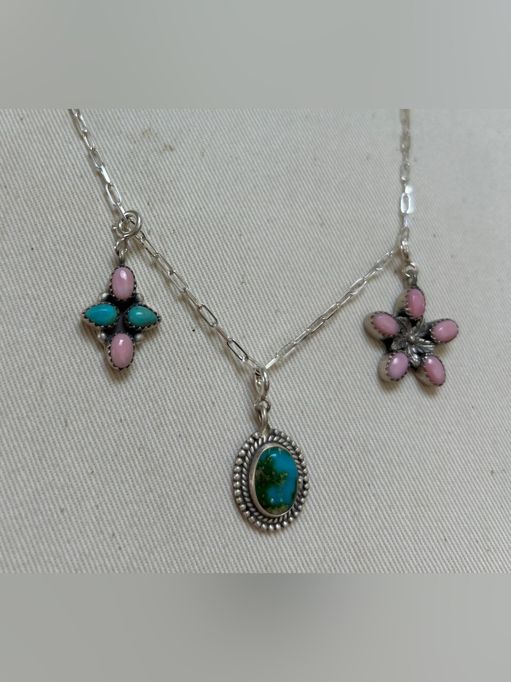 Sterling silver, turquoise, pink conch paper clip necklace  3 removable charms.